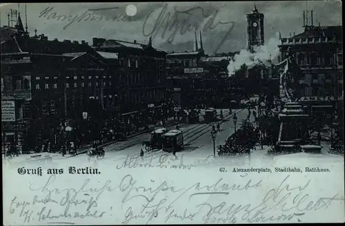 Mondschein Ak Berlin Mitte, Alexanderplatz, Stadtbahn, Rathaus