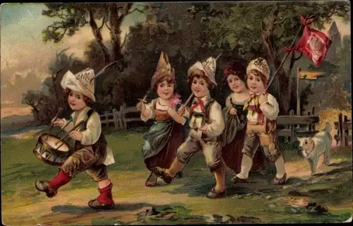 Präge Ak Musizierende Kinder, Trommel, Fahne, Hund