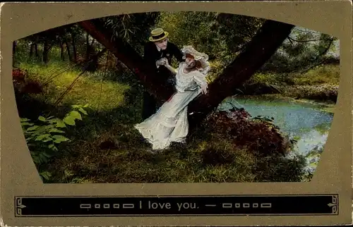 Ak Liebespaar am Fluss, Baum, Frau in weißem Kleid