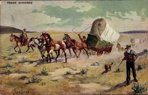 Künstler Ak Innes, John, USA, Prairie Schooner, Cowboys