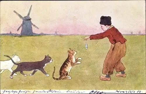 Litho Mann in holländischer Tracht füttert Katzenjungen, BKWI 648 6