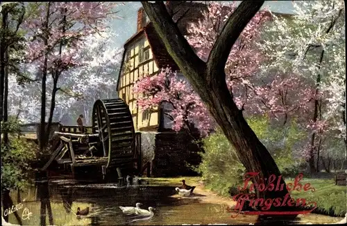 Ak Wassermühle an einem Wohnhaus, Baumblüte