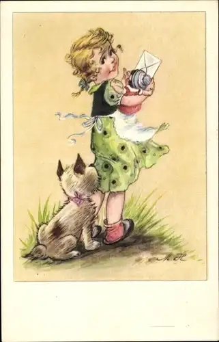 Künstler Ak Mädchen mit Puppe, Brief, Hund