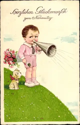 Ak Glückwunsch Namenstag, Kleiner Junge mit Megafon, Hund, Blumenstrauß