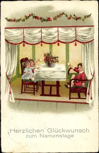 Ak Glückwunsch Namenstag, Kinder am Tisch, Blumen