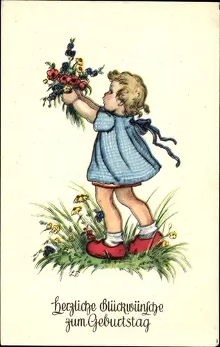 Ak Glückwunsch Geburtstag, Mädchen, Blumenstrauß, Blumenwiese