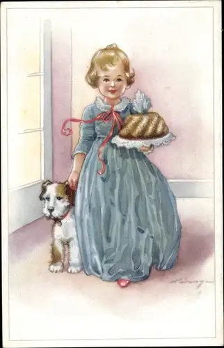 Künstler Ak Mädchen mit Kuchen und Hund