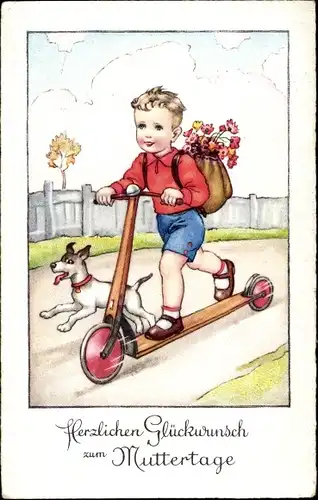 Künstler Ak Glückwunsch Muttertag, Junge auf Roller, Blumen, Hund