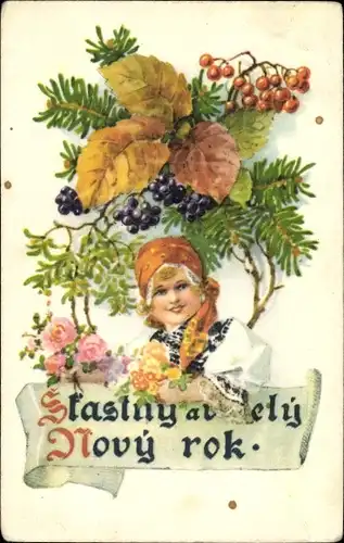 Künstler Ak Simunek, K., Glückwunsch Neujahr, Mädchen in Tracht, Tannenzweige