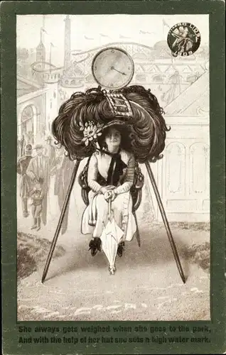 Ak Junge Frau mit riesigem Hut, Feder, Portrait, Uhr