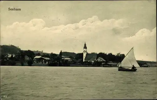 Ak Seeham in Salzburg, Teilansicht, Segelboot