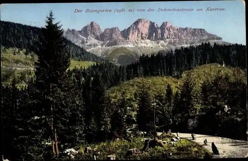 Ak Rosengarten Südtirol, von der Dolomitenstraße am Karersee