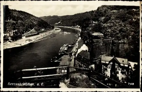 Foto Ak Hřensko Herrnskretschen Elbe Reg. Aussig, Hotel Hetschel, Anlegestelle