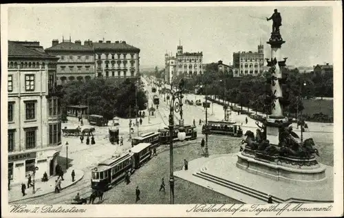 Ak Wien 2 Leopoldstadt Österreich, Nordbahnhof, Tegetthoff-Monument, Straßenbahn