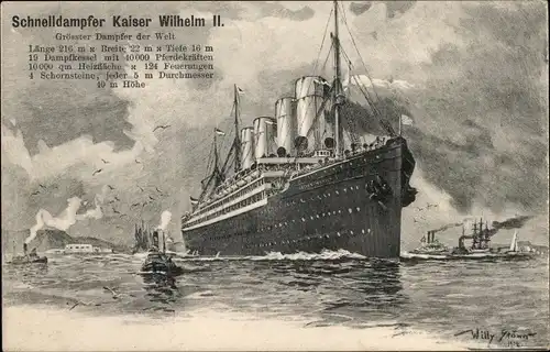 Künstler Ak Stöwer, Willy, Schnelldampfer Kaiser Wilhelm II, HAPAG