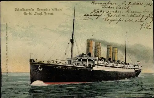 Ak Norddeutscher Lloyd Bremen, Schnelldampfer Kronprinz Wilhelm