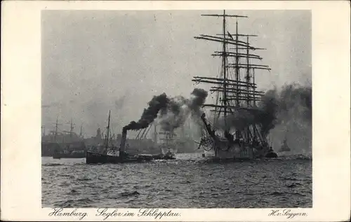 Ak Hamburg, Hafen, Segler im Schlepptau