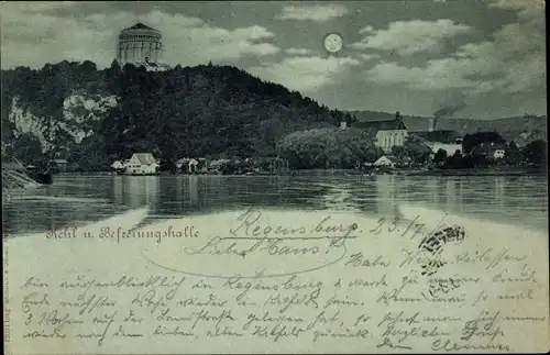 Mondschein Ak Kelheim an der Donau Niederbayern, Befreiungshalle