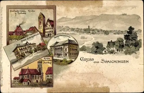 Litho Spaichingen in Württemberg, Stadtpfarrhaus, Kirche, Rathaus, Städt. Schulgebäude