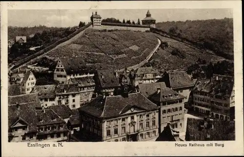 Ak Esslingen am Neckar, Neues Rathaus mit Burg, Weinberg, Stadtmauer