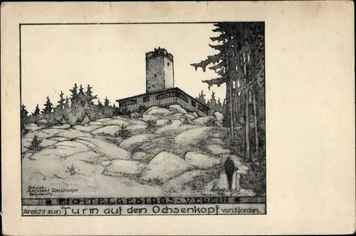 Künstler Ak Bischofsgrün im Fichtelgebirge, Turm auf dem Ochsenkopf von Norden gesehen