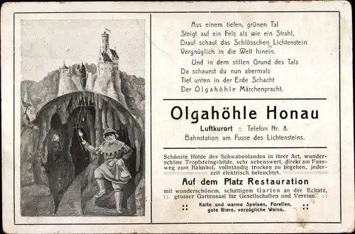 Ak Honau Lichtenstein in Württemberg, Olgahöhle, Schloss, Gedicht