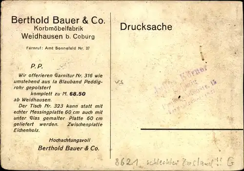 Ak Weidhausen bei Coburg Oberfranken, Berthold Bauer & Co. Korbmöbelfabrik, Korbmöbel