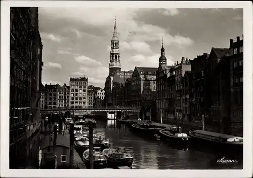 Ak Hamburg Mitte Altstadt, Catharinen-Fleet, Boote, Kirche