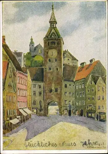 Künstler Ak Landsberg am Lech Oberbayern, Hauptplatz, Tor, Uhr