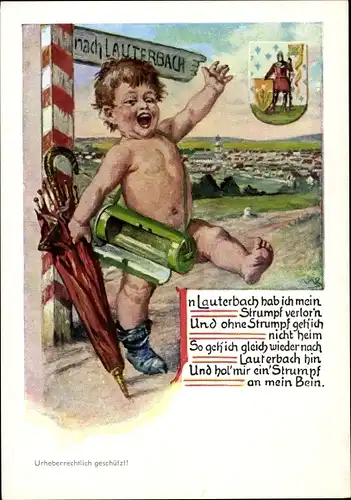 Wappen Künstler Ak Lauterbach in Hessen, Kind mit verlorenem Strumpf, Wegweiser