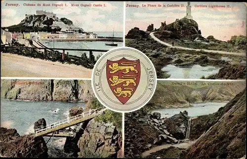 Ak Channel Island Jersey, Leuchtturm La Corbière, Schloss Mont Orgueil, Devils Hole