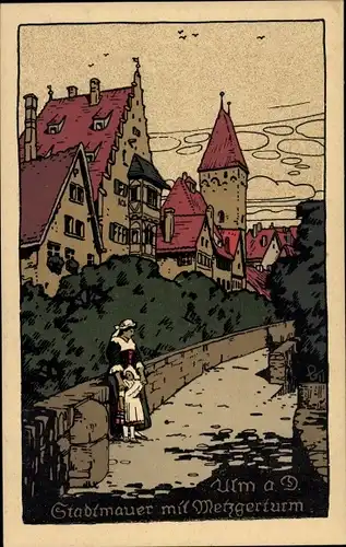 Steindruck Ak Ulm an der Donau, Stadtmauer, Metzgerturm