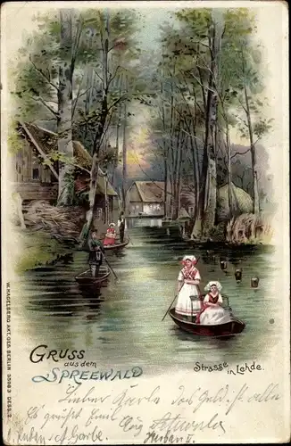 Litho Lehde Lübbenau im Spreewald, Kahn, Frauen in Tracht