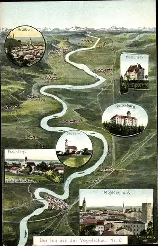 Landkarten Ak Mühldorf am Inn Oberbayern, Inn aus der Vogelschau, Kraiburg