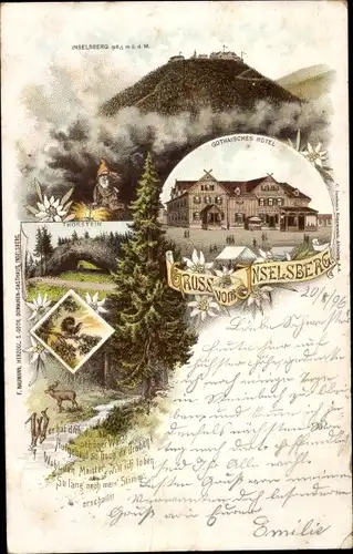 Litho Brotterode in Thüringen, Inselsberg, Thorstein, Gothaisches Hotel, Zwerg