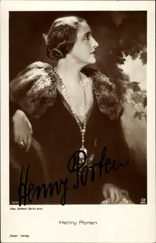 Ak Schauspielerin Henny Porten, Portrait, Kette, Autogramm
