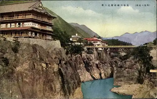 Ak Kochigi Japan, Landschaft in der Nähe der Kinugawa-Eisenbahnbrücke