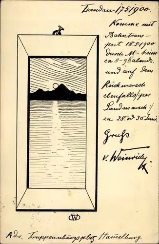 Handgemalt Ak Landschaft mit Bergen und Wasser