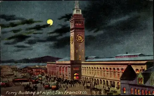 Mondschein Ak San Francisco Kalifornien USA, Ferry Building