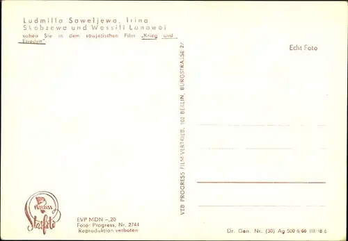 Ak Schauspieler Ludmilla Saweljewa, Irina Skobzewa, Wassili Lanowoi, Krieg und Frieden