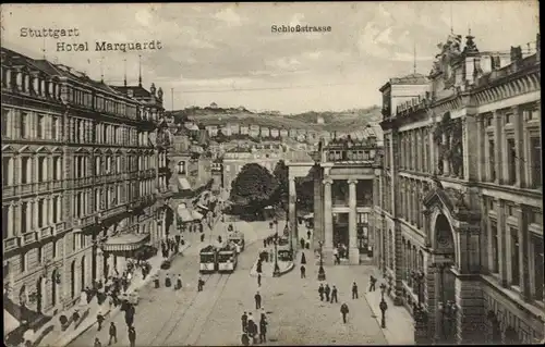 Ak Stuttgart in Württemberg, Schlossstraße, Hotel Marquardt, Straßenbahnen