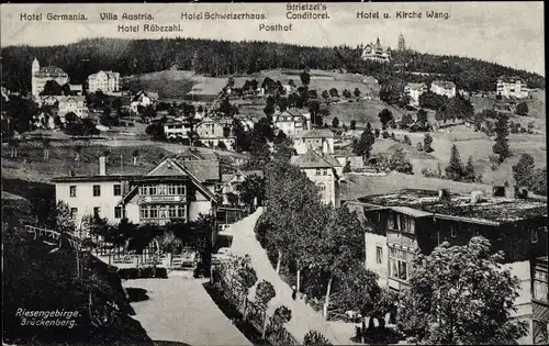 Ak Karpacz Górny Brückenberg Krummhübel Riesengebirge Schlesien, Kirche Wang, Hotel Germania