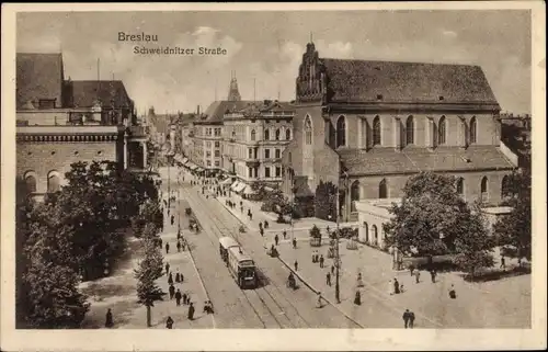 Ak Wrocław Breslau Schlesien, Schweidnitzer Straße, Straßenbahn