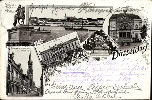 Litho Düsseldorf am Rhein, Denkmal Kurfürst Johann Wilhelm, Kunsthalle, Blumenstraße, Johanniskirche