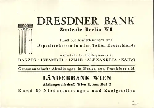 Briefmarken Ak Int. Automobil und Motorrad Ausstellung Berlin 1939, Dresdner Bank, Länderbank Wien