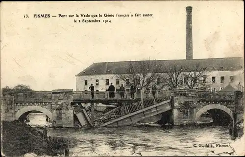 Ak Fismes Marne, Pont sur la Vesle que le Genie francais a falt sauter le 2 Septembre 1914