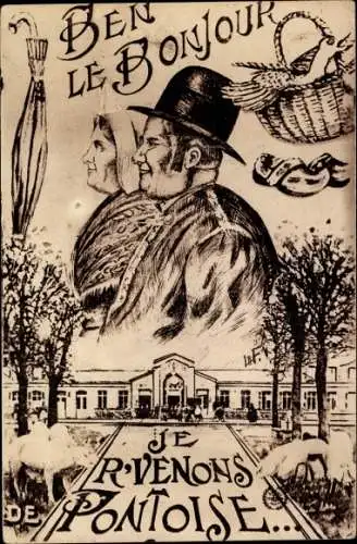 Ak Pontoise Val d'Oise, Gebäude, Mann und Frau in Tracht, Korb, Schirm, Klotschen