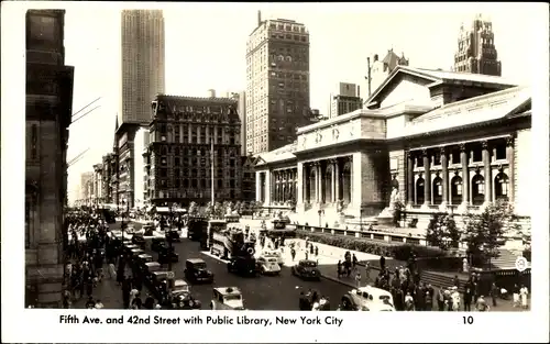 Ak New York City, Fifth Ave, 42nd St, öffentliche Bibliothek