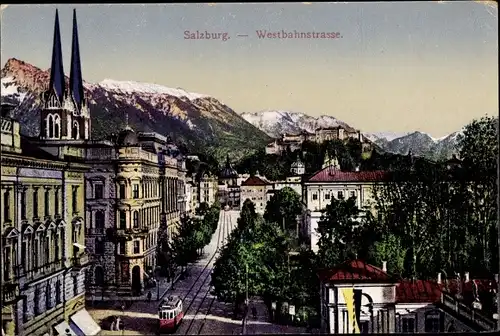 Ak Salzburg Österreich, Blick auf die Westbahnstraße, Straßenbahn