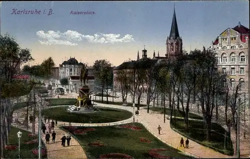Ak Karlsruhe in Baden, Kaiserplatz, Denkmal, Kirchturm